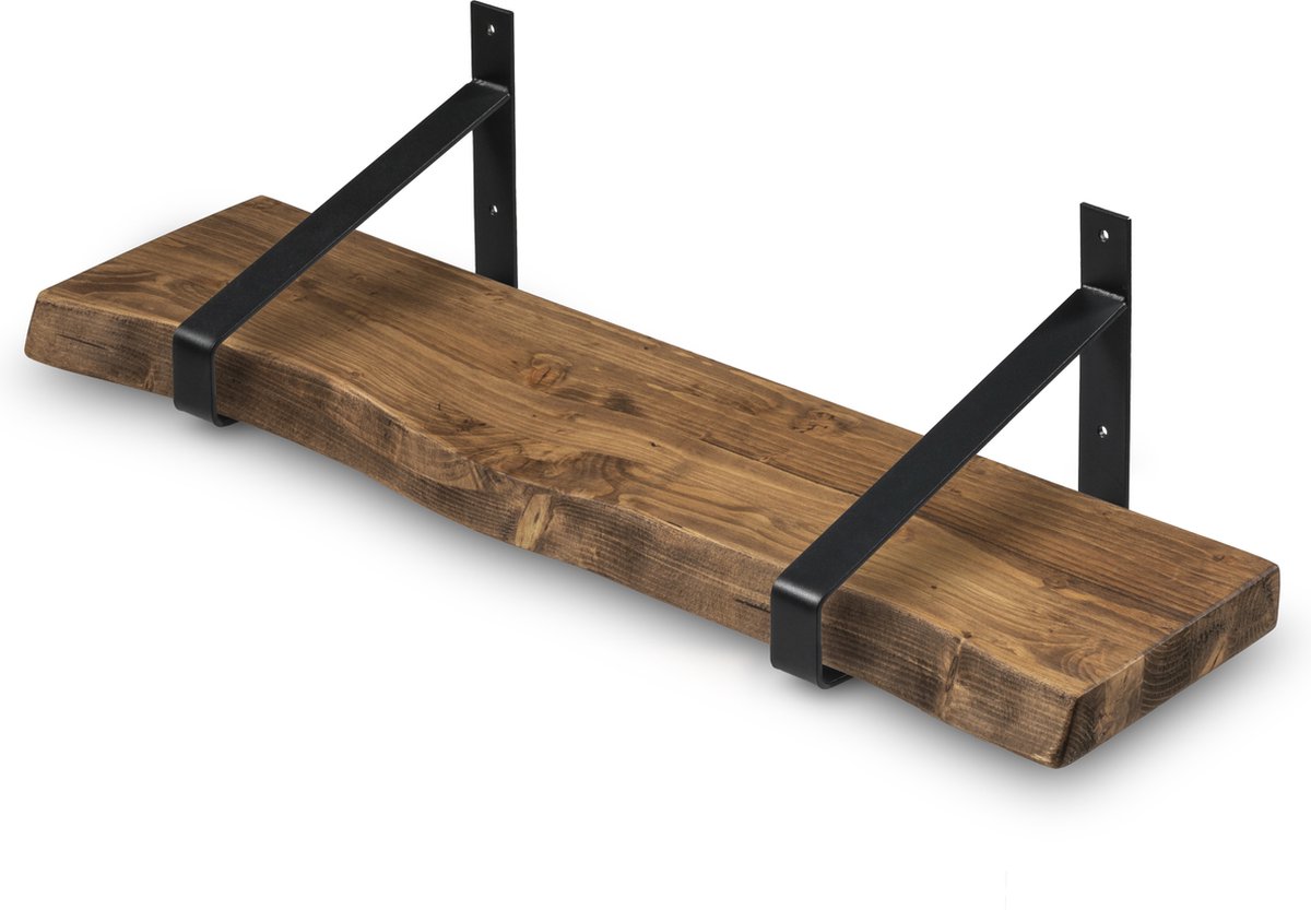 Wandplank Hout 240x20 cm incl. Zwarte Stalen Plankdragers - Boomstam Muurplank – Boekenplank
