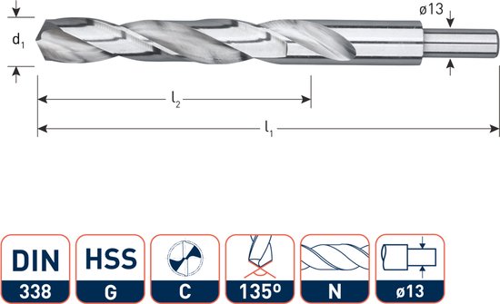 Rotec HSS-G spiraalboor, DIN 338, type N, d2=13, ø17,5