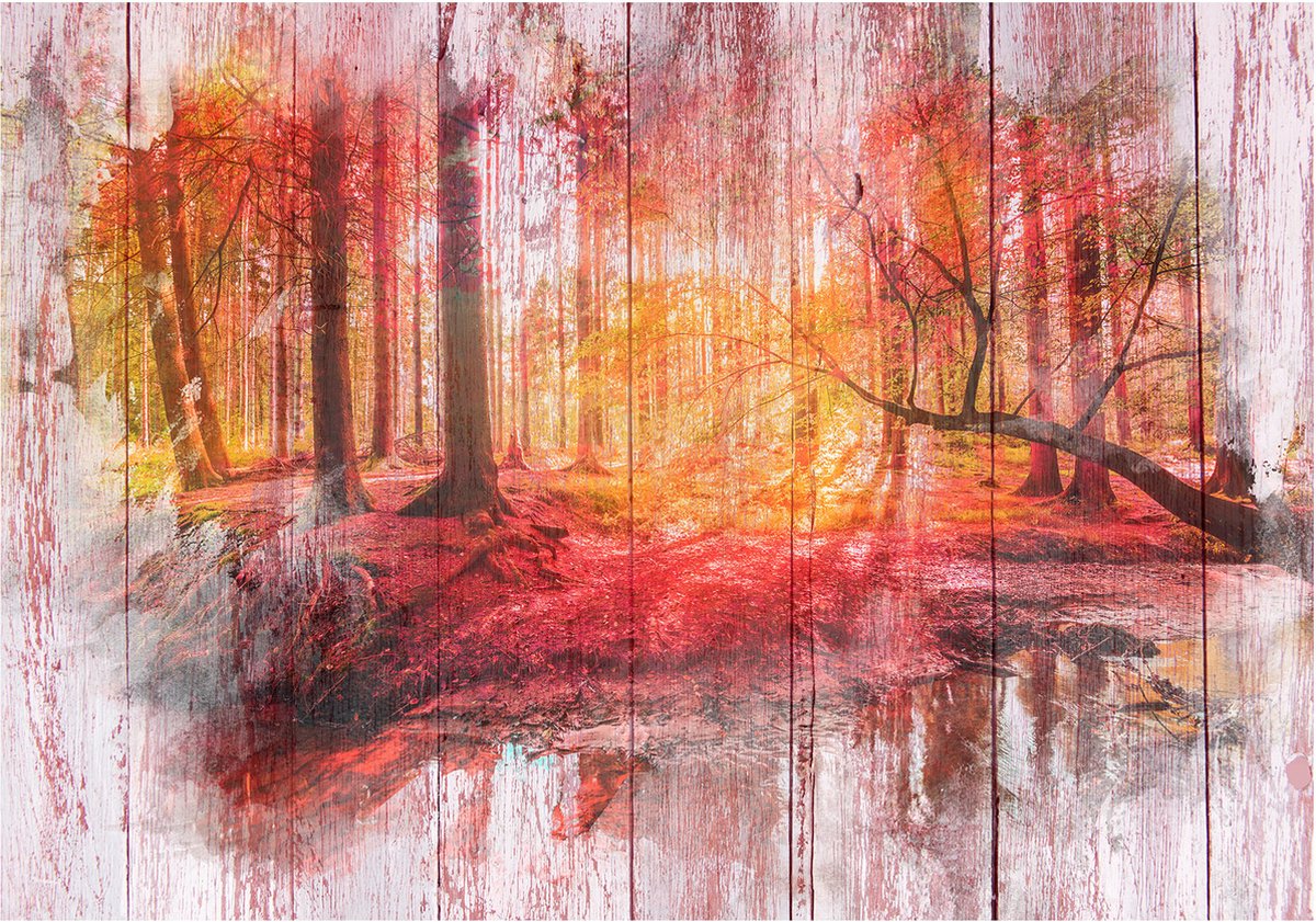 Fotobehangkoning - Behang - Vliesbehang - Fotobehang Herfstbos op Houten Planken - Autumnal Forest - 400 x 280 cm
