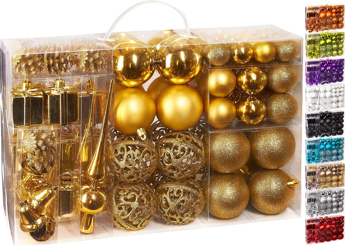 BRUBAKER Kerstballen - Set met Dennenappels, Kerstklokken, Geschenken, Kerstboompiek - Kerstboomversiering - 101 delen - Goud