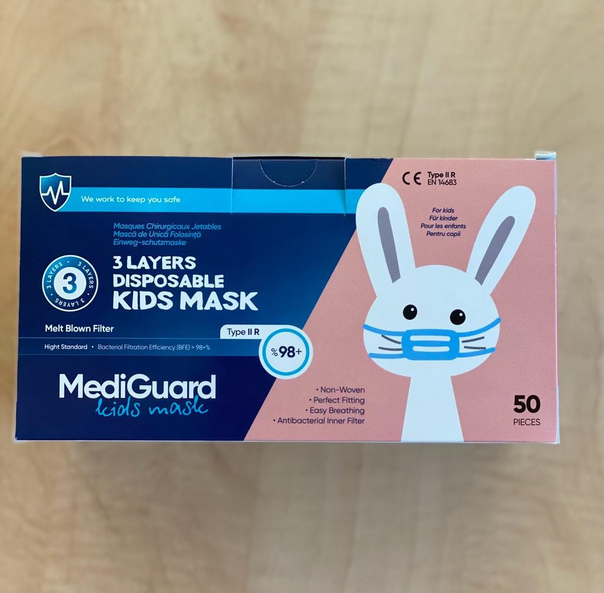 Kids Mask 3 Layers Disposable Type II R Melt Blown Filter Hight Standard Bacterial Filtration Efficiency BFE 98+% 2x50pieces=100