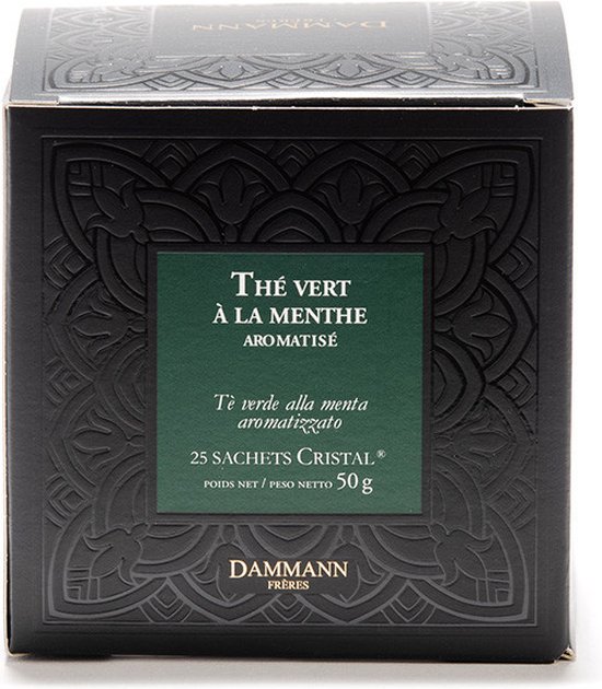 Gesloten zwarte doos van Dammann Frères met groen label: Thé vert à la menthe, 25 sachets.