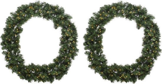 2x stuks kerstkransen/dennenkransen met warm witte kerstverlichting en timer 50 cm - Verlichte dennenkransen/deurkransen