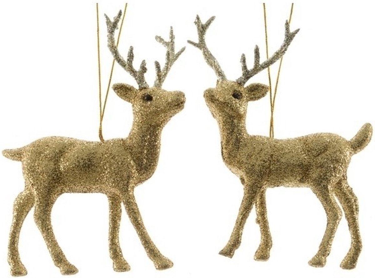 Decoris Kersthanger hertje - 4x - rendier - goud - glitters - 12,5 cm - kunststof - kerstdecoratie - kerstornament