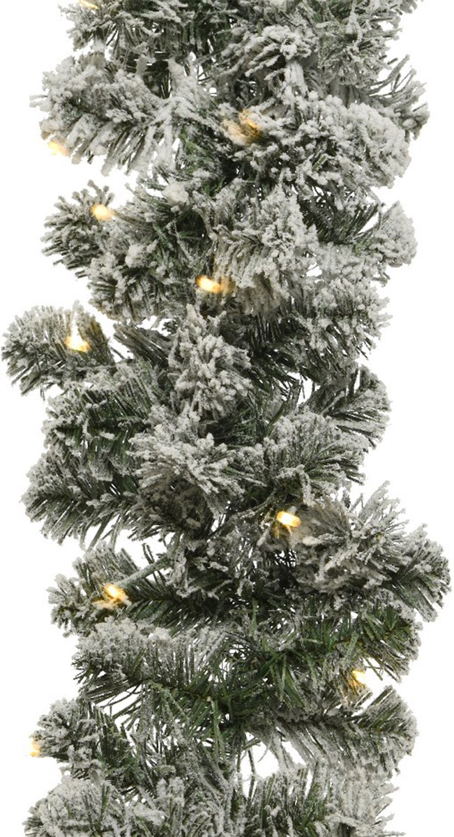 Bellatio Decorations - Groene dennenslinger - 270 x 25cm - met verlichting en sneeuw