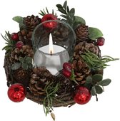 Kerst thema kaarsenhouder ornament red/green nature 16 cm - kaarsjes branden tafel decoratie