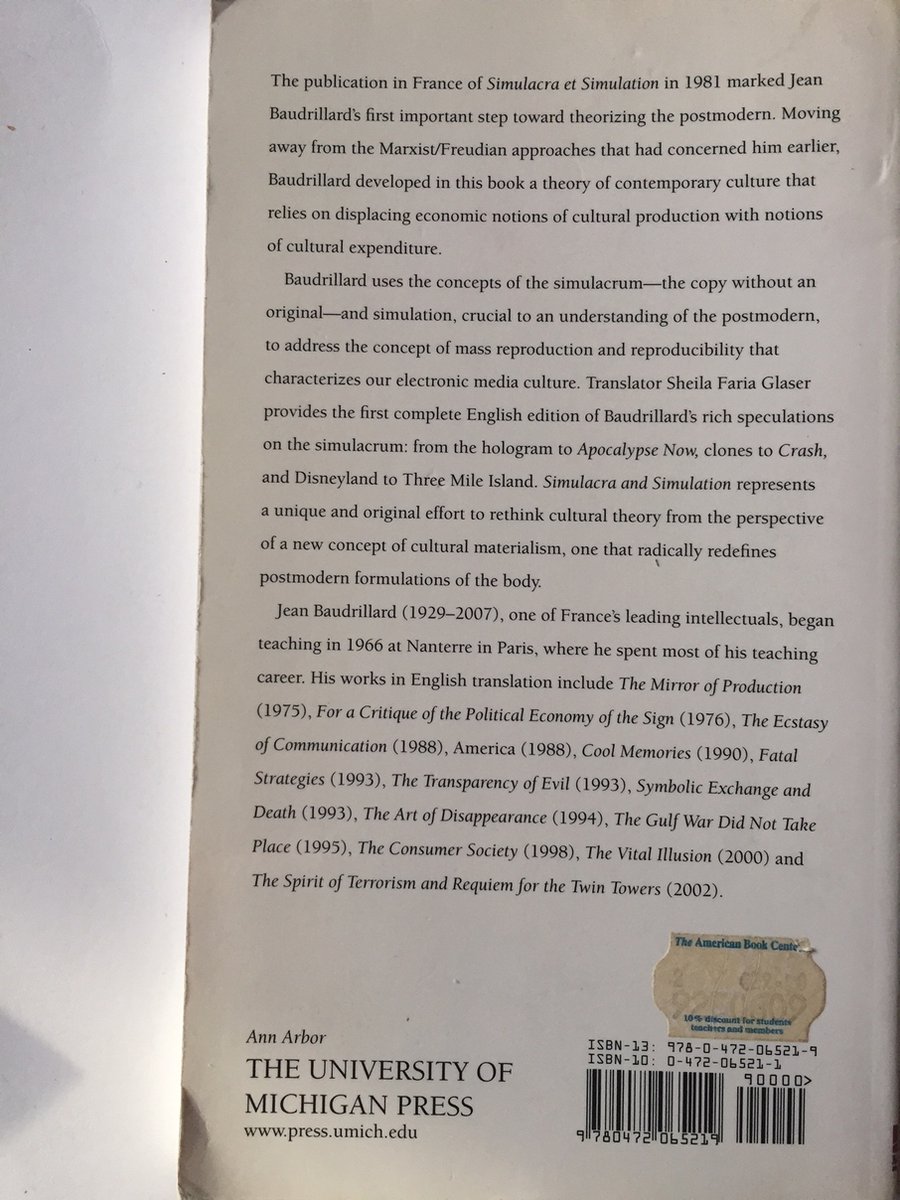 Simulacra and Simulation (The Body, In Theory: Histories of Cultural  Materialism): Jean Baudrillard, Sheila Faria Glaser: 9780472065219:  : Books