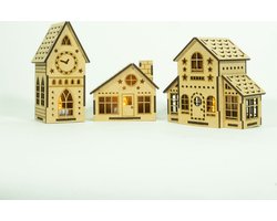 Houten Kerstdorp • Set 2 - Kersthuis Nr.2, 6 & 9 • Bouwpakket • Bouw je eigen Kerstdorp