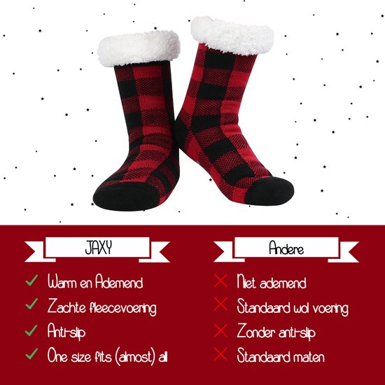 JAXY - Huissokken Dames - Verwarmde Sokken - Anti Slip Sokken - Huissokken - Bedsokken - Warme Sokken - Kerstcadeau Voor Vrouwen - Thermosokken - Dikke Sokken - Fluffy Sokken - Kerstsokken Dames en Heren - Patroon Rood - JAXY