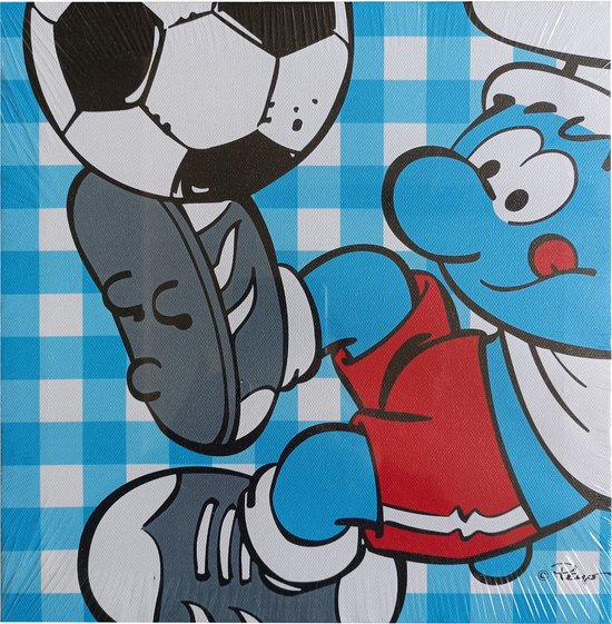 Canvas schilderij / doek: Smurf voetbal -  25cm x 25cm