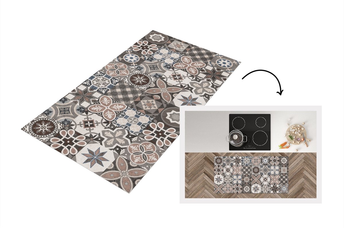 KitchenYeah Keukenloper - Loper keuken - Bloemen - Figuren - Bruin - Design - 120x60 cm - Keukenloper vinyl Multicolor