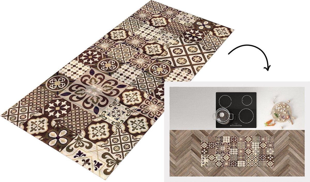 KitchenYeah Keukenloper - Loper keuken - Retro - Patronen - Bruin - Bloemen - Abstract - 120x50 cm - Keukenloper vinyl Multicolor