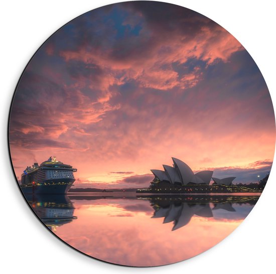 WallClassics - Dibond Muurcirkel - Sydney Opera House met Zonsondergang - 40x40 cm Foto op Aluminium Muurcirkel (met ophangsysteem)