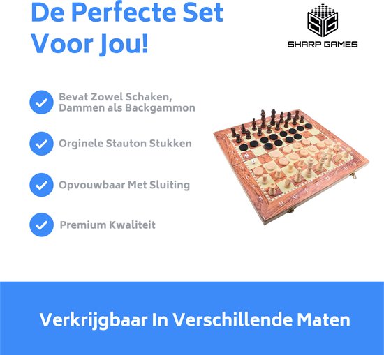 Thumbnail van een extra afbeelding van het spel 3-in-1 Bordspel - 34 cm - Schaakbord - Dambord - Backgammon - Schaakspel - Schaakset - Schaken - Dammen - Met Schaakstukken - Chess - Hout - Opklapbaar