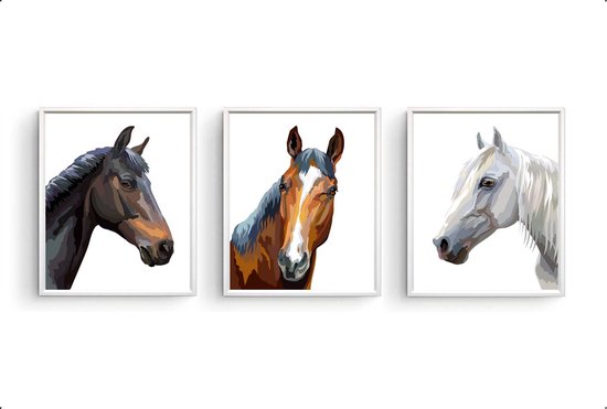 Postercity - Design Poster Set 3 Bruin Zwart Wit Paarden aquarel - Dieren Paarden Poster - Kinderkamer / Babykamer - 40x30cm