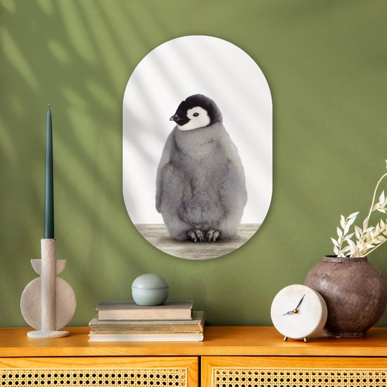 Ovale Mural - Ovale Mural - Décoration murale Plastique - Peinture Ovale - Enfants - Pingouin - Grijs - Animaux - Filles - Garçons - 40x60 cm - Forme miroir ovale sur plastique