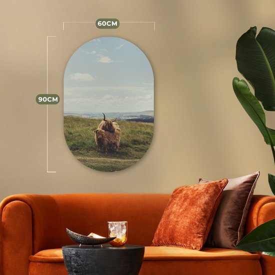 Wall Oval - Décoration murale en plastique - Peinture ovale - Highlanders écossais - Herbe - Nuages - Animaux - 60x90 cm - Forme miroir ovale sur plastique