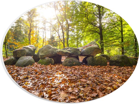 WallClassics - PVC Schuimplaat Ovaal - Opgestapelde Stenen in Herfstbos - 28x21 cm Foto op Ovaal  (Met Ophangsysteem)