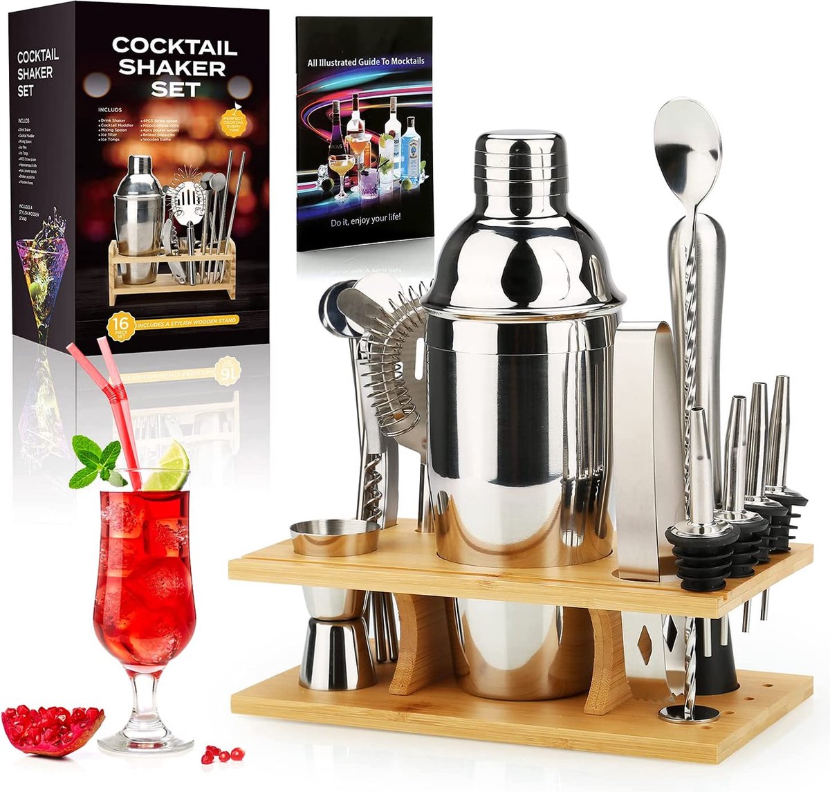 Set De Shaker à Cocktail En Bambou – 23 Pièces, Idéal Pour Préparer Des Cocktails Maison