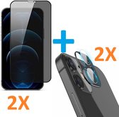 2X Privacy Scherm Tempered Glass Screen Protector Anti-Spy + 2X Camera lens Beschermer zwart Geschikt voor: Apple iPhone 12 Pro