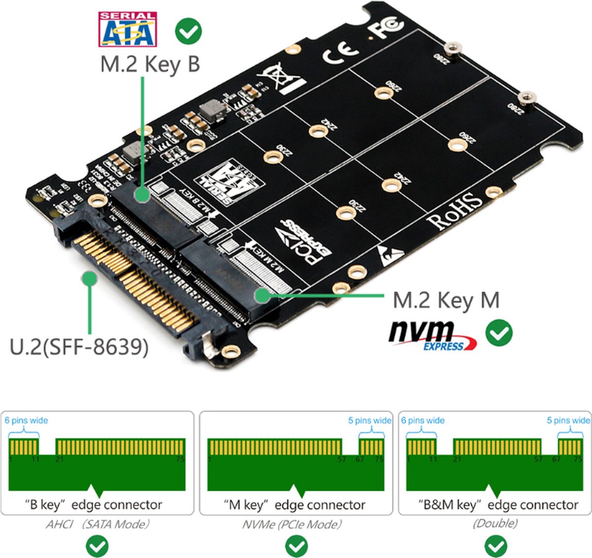 M.2 SSD naar U.2-adapter - 2in1 M.2 NVMe en SATA-Bus - NGFF SSD naar PCI-e U.2 SFF-8639 Adapter - PCIe M2-converter voor desktopcomputers - M.2 NVME SSD- M Key B SSD naar U.2 SFF-8639-adapter