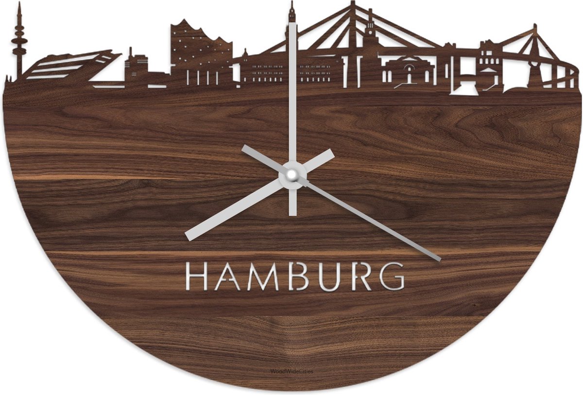 Skyline Klok Hamburg Notenhout - Ø 40 cm - Stil uurwerk - Wanddecoratie - Meer steden beschikbaar - Woonkamer idee - Woondecoratie - City Art - Steden kunst - Cadeau voor hem - Cadeau voor haar - Jubileum - Trouwerij - Housewarming - WoodWideCities