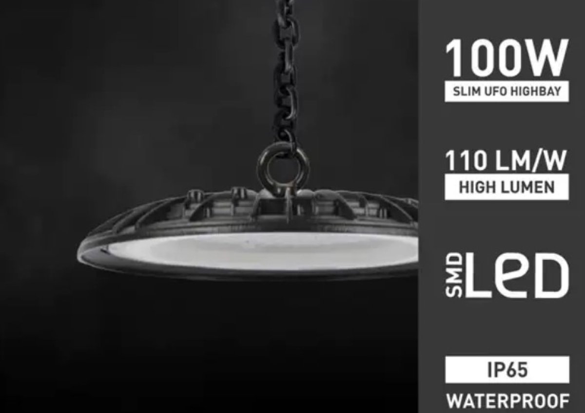 Lampinno Slim LED UFO Highbay - 100W - 30.000 uur brandtijd - Waterdicht IP65 - 270x76 mm - 3000K Warm wit