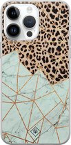 Casimoda® hoesje - Geschikt voor iPhone 14 Pro Max - Luipaard Marmer Mint - Siliconen/TPU telefoonhoesje - Backcover - Luipaardprint - Bruin