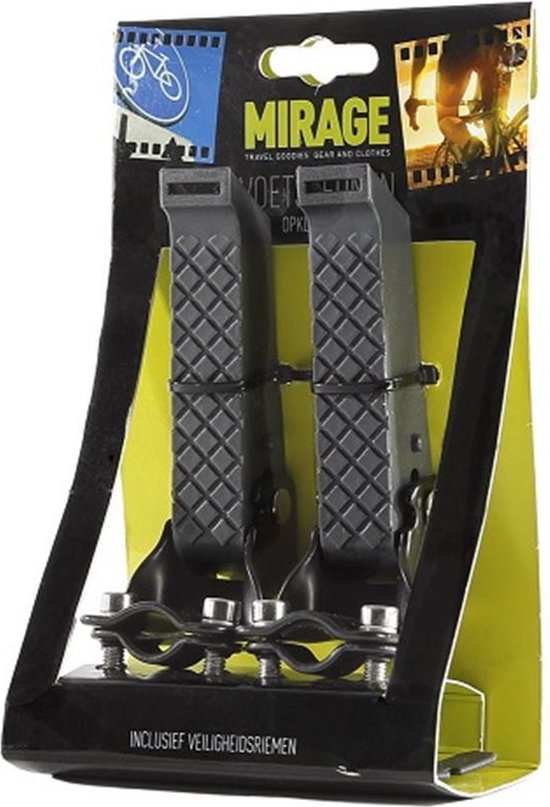 Pédales de vélo Mirage grises avec profil, emballées dans une carte avec 'Ceintures de sécurité incluses'.