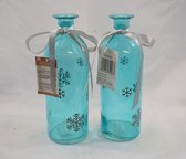 Kerst - vaas - fles - kaarsenhouder - lichtblauw - glas - 2 stuks - H 21 x Ø 7 cm - ster - kerstfles - kerstvaas