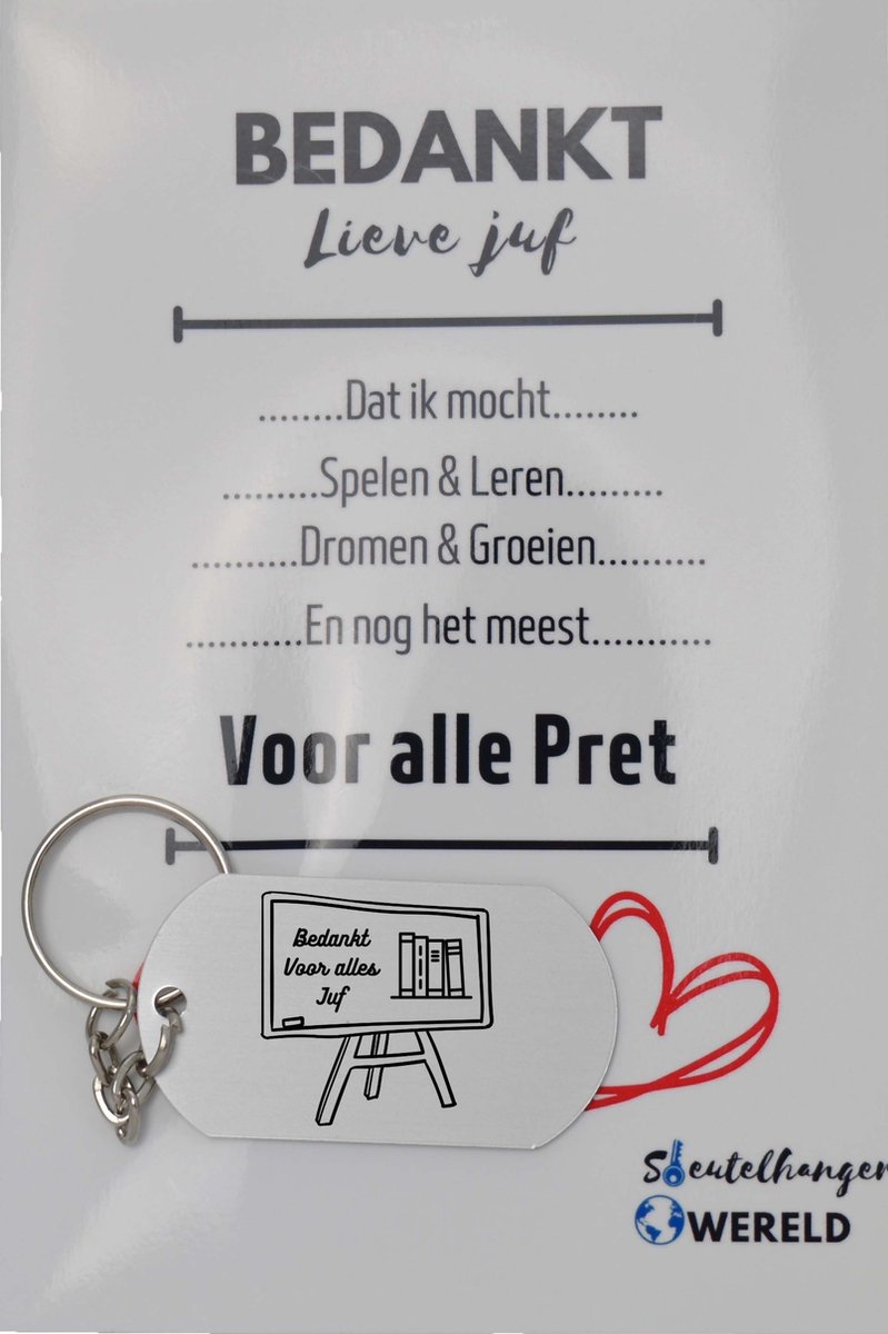 Bedankt voor alles juf Sleutelhanger inclusief kaart - juf cadeau – Cadeaupakket Juf - einde schooljaar - afscheid - Leuk kado voor je juf om te geven - 2.9 x 5.4CM