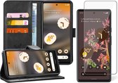 Hoesje geschikt voor Google Pixel 6a - Book Case Leer Wallet Cover Portemonnee Pasjeshouder Hoes Zwart - Tempered Glass Screenprotector