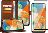 Hoesje geschikt voor Samsung A23 - Book Case Leer Wallet Cover Portemonnee Pasjeshouder Hoes Bruin - Full Tempered Glass Screenprotector