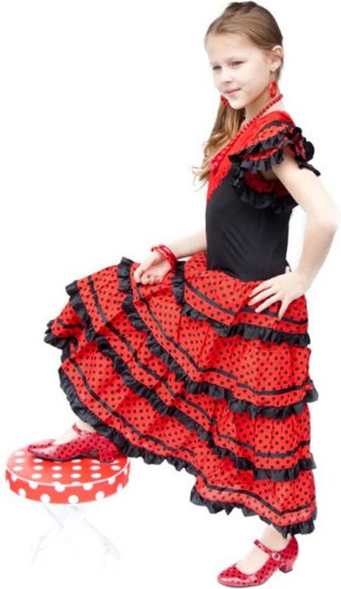 Spaanse Flamenco jurk - Zwart/Rood - Maat 128/134 (10) - Verkleed jurk