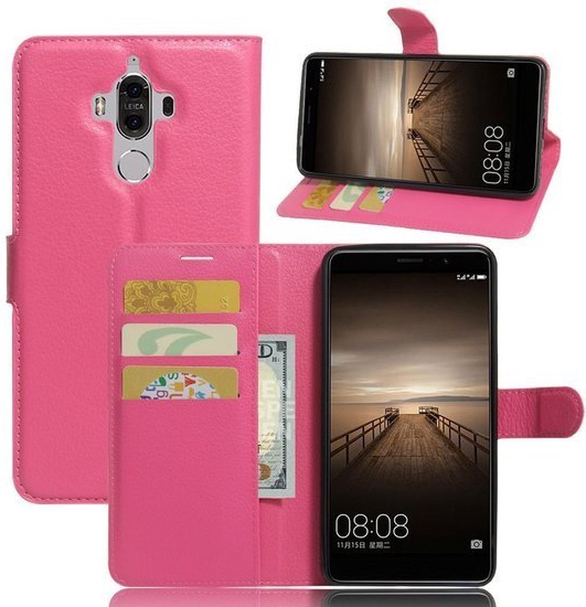 Huawei Mate 9 Hoesje Met Pasjeshouder Bookcase Roze