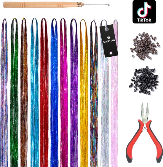 SHOPFINO Glitter Hair Extensions - Hair Tinsel Kit - Haar Extentions - Hittebestendig - TikTok - 12 verschillende kleuren - 4800 Hairtinsels - Zomer - Festival