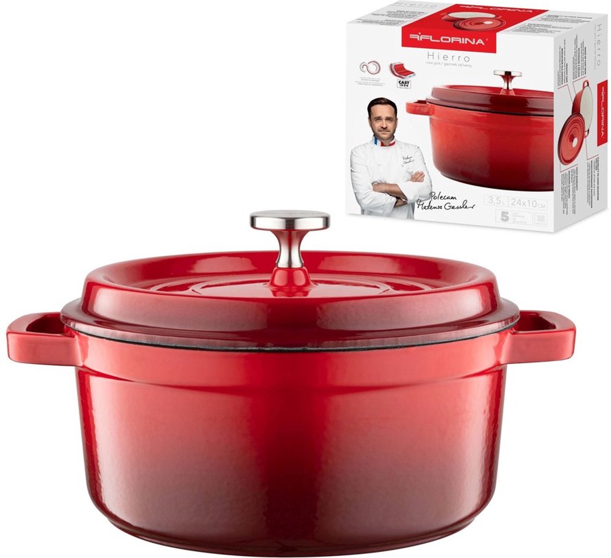 Florina professionele gietijzeren braadpan emaille Ø 24 cm 3.5L kersen rood - alle warmtebronnen voor inductie - stoofpan - Gewicht 53 kg