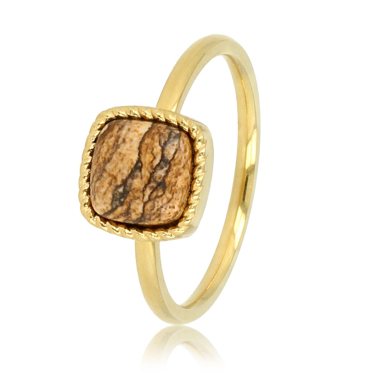 My Bendel - Gouden ring met vierkanten Picture Jasper edelsteen - Klassieke ring met bijzondere Picture Jasper edelsteen - Met luxe cadeauverpakking