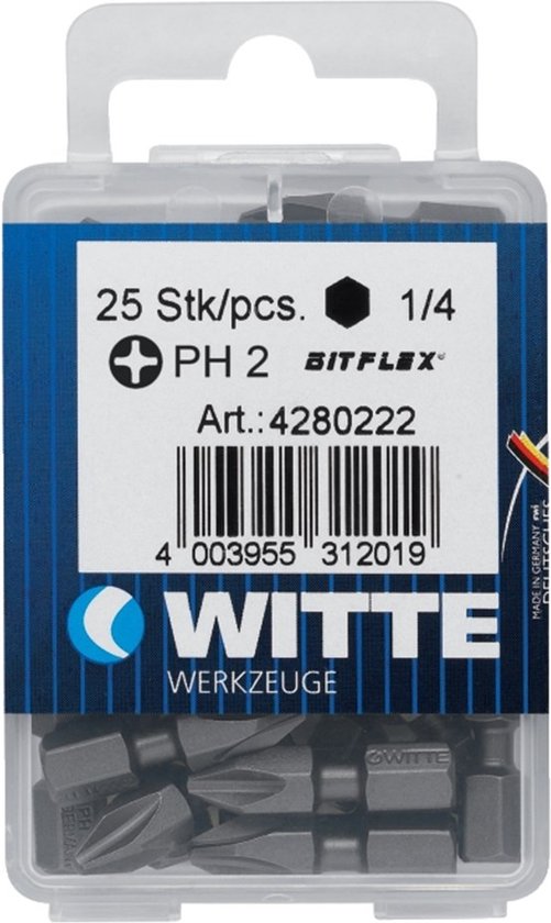 WITTE 28446 - Punta Pozidriv BITFLEX TIN Da 1/4'' Corta - PZ2 X 25 Mm - Qualità Professionale - 5