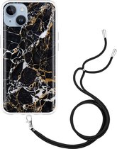 iPhone 14 Hoesje met Koord Zwart Goud Marmer - Designed by Cazy