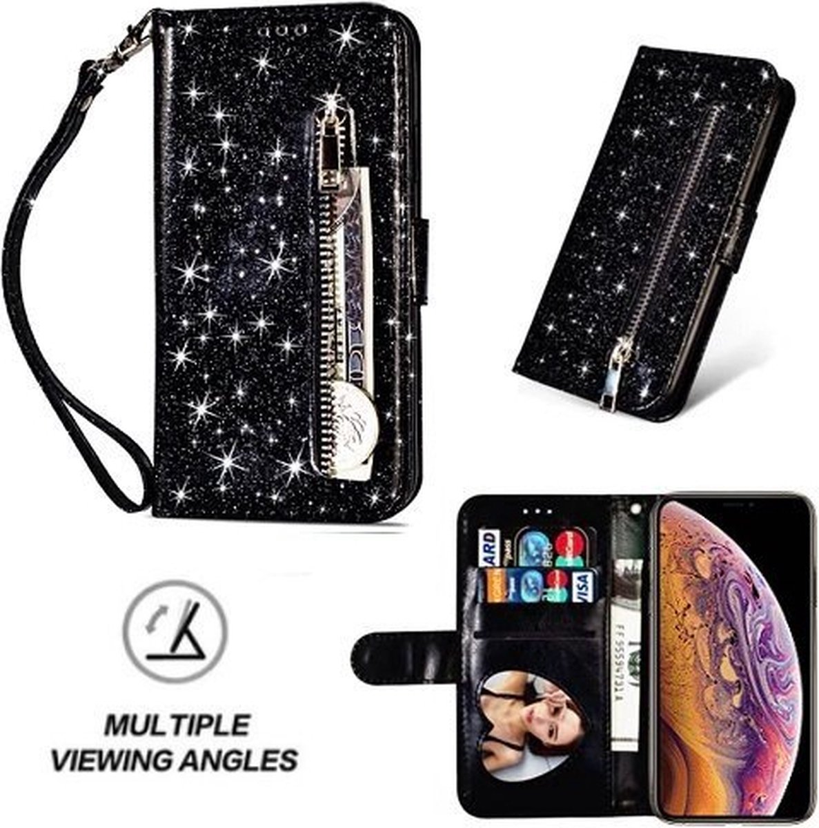 iPhone XS Glitter Hoesje Met Pasjeshouder Bookcase Zwart