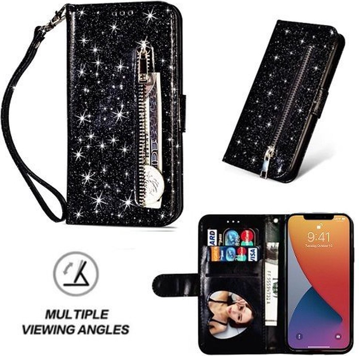 iPhone 12 Pro Max Glitter Hoesje Met Pasjeshouder Bookcase Zwart