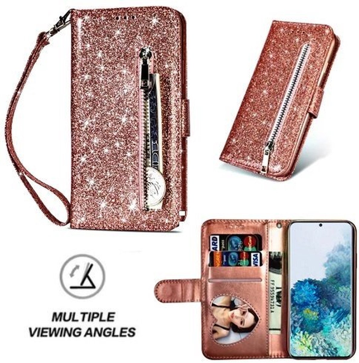 Samsung S20 Plus Glitter Hoesje Met Pasjeshouder Bookcase Rose Goud
