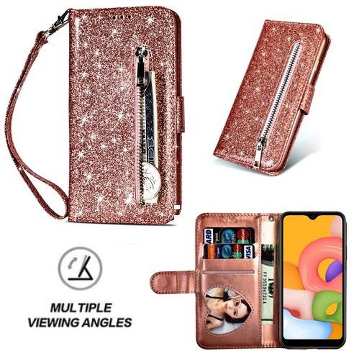 Samsung A01 Glitter Hoesje Met Pasjeshouder Bookcase Rose Goud