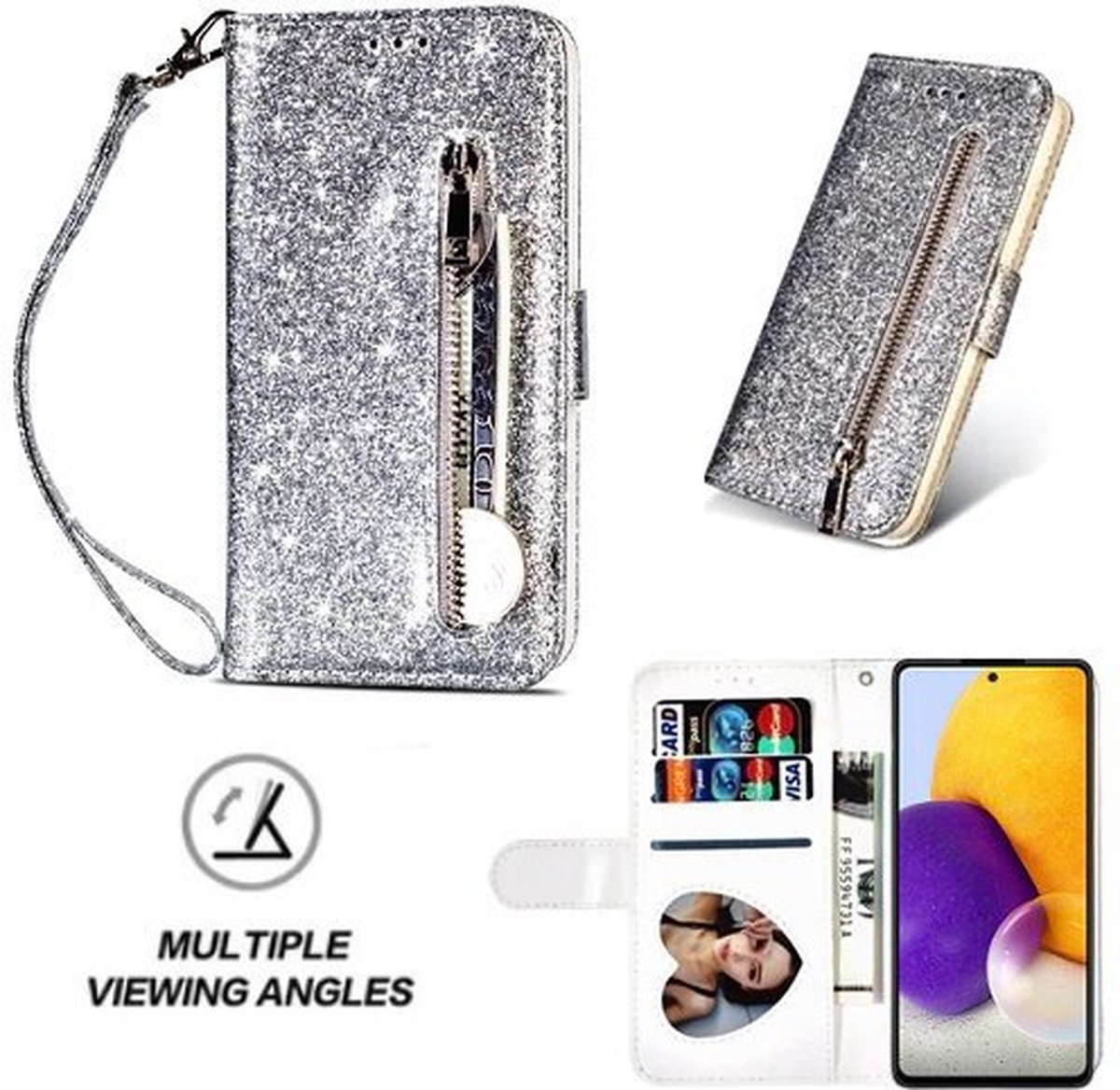 Samsung A72 Glitter Hoesje Met Pasjeshouder Bookcase Zilver
