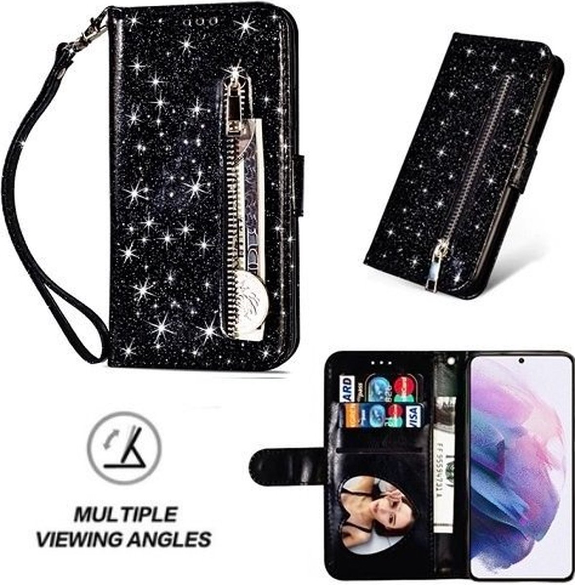 Samsung S21 Glitter Hoesje Met Pasjeshouder Bookcase Zwart