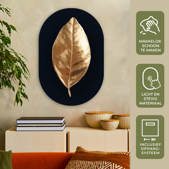 Miroir ovale - Décoration murale en plastique - Tableau ovale - Or - Feuille - Luxe - 60x90 cm - Forme miroir ovale sur plastique