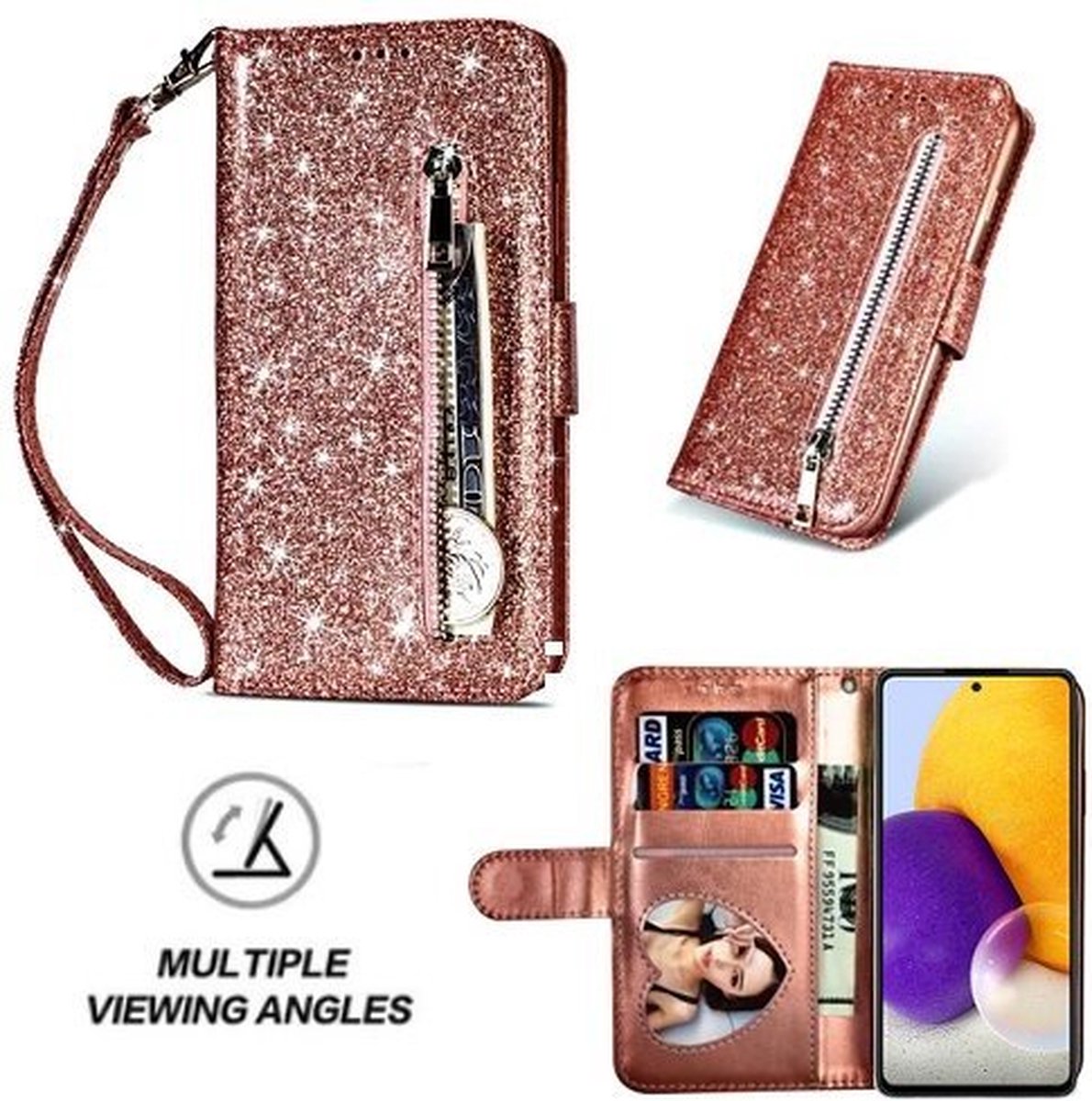 Samsung A72 Glitter Hoesje Met Pasjeshouder Bookcase Rose Goud