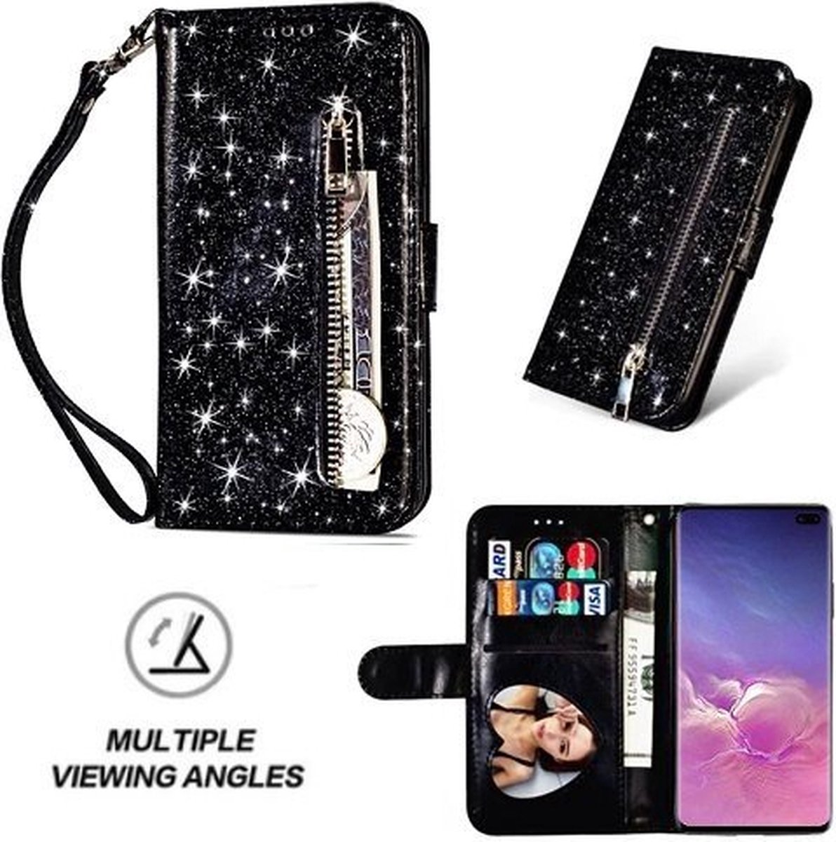 Samsung S10 Plus Glitter Hoesje Met Pasjeshouder Bookcase Zwart
