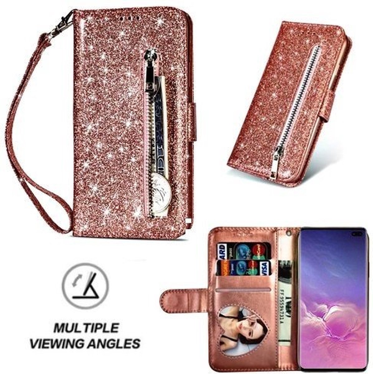 Samsung S10 Plus Glitter Hoesje Met Pasjeshouder Bookcase Rose Goud